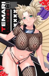 1girls akatsuki_(naruto) alternate_costume barely_clothed blonde_hair blush character_name fan fishnet_legwear fishnet_shirt fishnet_thighhighs fishnets folding_fan green_eyes huge_breasts looking_at_viewer naruto naruto_shippuden nipples_visible_through_clothing no_bra panties partially_clothed pinup revealing_clothes see-through see-through_clothing shirt single_thighhigh smile stockings sunagakure_symbol temari temari(genin) text toptierwaifuus visible_nipples young