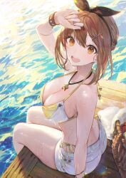 1girls :d arm_up atelier_(series) atelier_ryza bikini black_hairband bow_hairband breasts brown_eyes brown_hair cleavage from_side hair_ornament hairband hairclip hi_res high_resolution jewelry large_breasts looking_at_viewer necklace outdoors partially_submerged reisalin_stout ryza short_hair short_shorts shorts side-tie_bikini_bottom sitting smile solo star_(symbol) star_necklace swimsuit teeth upper_teeth_only water wet white_shorts yellow_bikini