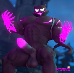 1boy 2023 3d 3d_model anthro barazoku black_fur epic_games erection felid feline felis fortnite gay halloween hard_on holidays male male_focus male_only manly muscular_anthro muscular_male phantom_meowscles solo solo_male vapormakes