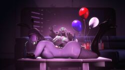 1girls 3d alien alien_girl female food food_on_body indoors looking_at_viewer lying lying_on_stomach mass_effect nude nude_female on_table quarian rodler-h8 side_view sushi thick_thighs volus wide_hips