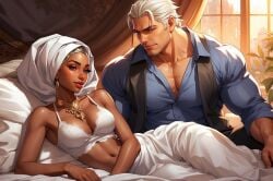 1boy 1girls ai_generated bedroom bleachedr34 bra dark-skinned_female dark_skin earrings female hijab human indoors interracial jewelry light-skinned_male light_skin male muslim muslim_female necklace original original_characters self_upload topless white_bra white_clothes