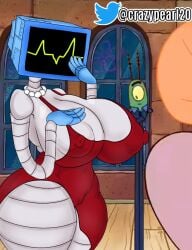 1boy 2d 2girls areolae areolae_peeking breasts canon_couple clothed clothed_female couple crazypearl dress female humanoid karen_plankton large_breasts looking_at_breasts red_dress robot robot_girl robot_humanoid screen_face sheldon_j._plankton spongebob_squarepants suzie_groove tv tv_head