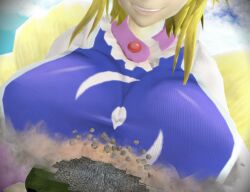 2015 3d 3d_(artwork) big_breasts blonde_female blonde_hair blonde_hair_female breasts city_destruction destruction female female_focus female_only giantess gift_art giga_giantess huge_breasts koirvon land light-skinned_female light_skin mikumikudance mmd partially_offscreen_character ran_yakumo short_hair smile smiling solo solo_female solo_focus touhou touhou_project video_game_character yakumo_ran youkai