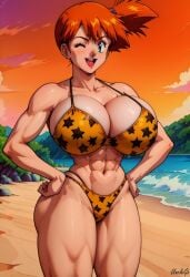 1girls abs ai_generated aqua_eyes athletic_female beach big_ass big_breasts bikini bodybuilder fake_breasts happy huge_breasts implants kasumi_(pokemon) leopard_print leopard_print_bikini looking_at_viewer massive_breasts muscular_female orange_hair pokemon posing round_breasts self_upload short_hair side_ponytail smile stable_diffusion star_print star_print_bikini sunset thick_thighs unclego wink