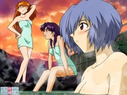 1997 2001 3girls accurate_art_style artist_request asuka_langley_sohryu blue_hair breasts female female_only gainax hot_spring human light-skinned_female light_skin long_hair misato_katsuragi neon_genesis_evangelion official_art onsen orange_hair purple_hair rei_ayanami short_hair tagme towel water