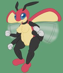 antennae anthro areola arthropod blue_eyes breasts erect_nipples female hi_res insects ledian looking_at_viewer multi_arm multi_limb navel nintendo nipples nude open_mouth pokemon pokemorph posexe pussy simple_background smile solo tongue video_games wings