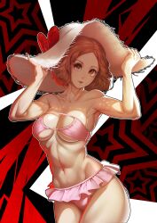 2d atlus big_hat bikini breasts brown_eyes brown_hair female female_focus haru_okumura hat holding_hat looking_at_viewer megami_tensei muscular nemodecy partially_nude persona persona_5 pink_bikini red_background sega short_hair solo