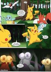 avian big_breasts bird blaziken breasts canine chicken comic corphish dialogue english_text erect_nipples female group huge_breasts legendary_pokemon lucario male mammal mewtwo nintendo nipples nude outside palcomix palcomix_team pikachu pokemon pokemon_(species) speech_bubble squirtle taillow text