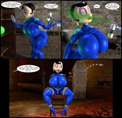 2girls 3d 3d_(artwork) agent_honeydew anonymous_female black_hair blue_bodysuit bodysuit coffin dexter's_laboratory gas investigation lipstick onomatopoeia rope sleepy tagme tied_to_chair tied_up tight_bodysuit tight_clothing