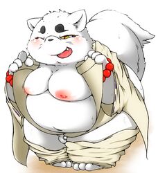 2015 abstract_background anthro areola ass balls big_areola big_butt blush canine censored claws clothed clothing fangs flaccid fluffy_tail fox fur gingitsune half-closed_eyes haru_(gingitsune) humanoid_penis japanese_clothing male mammal moobs mosaic_censoring nipples obese one_eye_closed open_clothes open_mouth open_shirt overweight pants_down partially_clothed penis reki_(artist) rule_63 shirt skimpy small_penis smile solo standing teeth thick_thighs tongue undressing wink