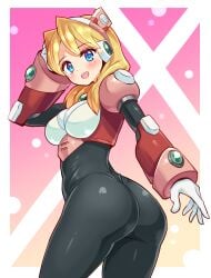 alia alia_(mega_man) armor ass ass_focus big_ass blonde_hair blue_eyes blush blushing bodystocking breasts capcom cougar1404 cute female female_focus from_behind from_below gradient_background hand_on_own_head huge_ass long_hair looking_at_viewer looking_back medium_breasts mega_man mega_man_x open_mouth pink_armor pink_background robot robot_ears skin_tight solo teeth upper_teeth_only