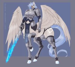 anthro armor blue_fire blue_hair blue_tail boob_armor bottomwear bulge clothing codpiece colored_fire equid equid_taur equine fire flaming_sword futa_only futanari gynomorph hair hi_res hooves intersex loincloth mammal mammal_taur melee_weapon pegasus pegasus_taur sword tail taur weapon wings wmdiscovery93