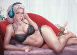 1female 1girls bare_legs bare_shoulders bare_thighs barefoot big_breasts big_thighs black_bra black_panties chloe_(sciamano240) confused confused_face confused_look exposed_belly female glasses headphones looking_at_viewer looking_away mirco_cabbia oc original original_character pink_eyes pink_hair red_pillow sciamano240 signature smartphone solo solo_female solo_focus wide_hips