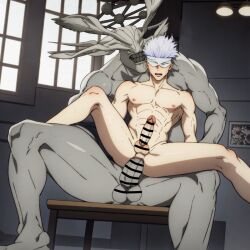 ai_generated anal_sex ass_grab bara big_breasts erect_nipples erect_penis gay genital_fluids jujutsu_kaisen mahoraga_(jujutsu_kaisen) male_only muscular muscular_male satoru_gojo white_hair