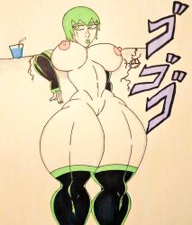 1girls big_breasts bottomless breasts female foo_fighters green_eyes green_hair green_lipstick jojo's_bizarre_adventure light-skinned_female light_skin nude nutboiart8008 short_hair shounen_jump solo stone_ocean thick_thighs topless