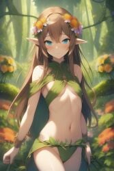 ai_generated almost_naked almost_nude blue_eyes blush bra branches cute cute_face dryad elf elf_ears elf_female elf_girl exposed flowers flowers_in_background flowers_in_hair forest forest_background green_background hair hair_between_eyes hair_ornament leaf_bikini light-skinned_female light_skin long_brown_hair lop_ears orange_flower petite petite_body petite_breasts petite_female plant plant_bikini plant_clothing revealing revealing_clothes small_breasts trees treestump vegetation vines wooded_area woods wristwear