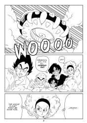 1girls 4boys afro black_and_white bulma_(afro) bulma_briefs comic dragon_ball dragon_ball_super dragon_ball_z funsexydragonball krillin kuririn monochrome nervous page_3 son_gohan sweatdrop vegeta yamcha