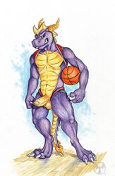 1boy anthro anthrofied athletic balls barefoot basketball clothing clothing_aside digitigrade dragon erection full-length_portrait horn humanoid_penis jockstrap looking_at_viewer male male_only marker_(artwork) naughty_face navel neverwolf partially_retracted_foreskin penis pinup portrait pose scalie shirt_up signature smirk solo spyro spyro_the_dragon standing teenager traditional_media_(artwork) uncut underwear underwear_aside video_games young