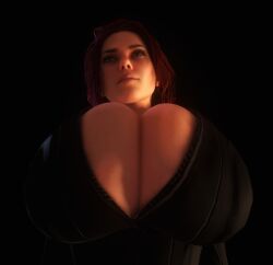 1girls 3d 3d_(artwork) alternate_breast_size black_widow_(marvel) bodysuit breasts_bigger_than_head breasts_focus cleavage close-up clothed clothed_female extreme_close-up female female female_only female_solo fingerless_gloves from_below gigantic_breasts gloves green_eyes hourglass_figure huge_breasts human human_female human_only marvel marvel_cinematic_universe natasha_romanoff open_bodysuit open_clothes red_hair skin_tight small_waist solo solo_female thin_waist top_heavy unzipped unzipped_bodysuit vaako wasp_waist wide_hips