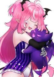 ahoge camila_(vtuber) cimp_(camila) closed_eyes creature demon demon_girl demon_wings elbow_gloves fan_mascot_(vtuber) female gloves hug long_hair multicolored_hair navel open_mouth panties pink_hair pointy_ears simple_background smile streaked_hair stuffed_toy tail underwear virtual_youtuber white_background white_hair white_panties wings