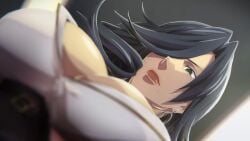 amamiya_tsubaki anime_screencap big_breasts black_hair busty cleavage female_focus female_only god_eater green_eyes huge_breasts looking_down mature_female mommy mommy_dom screencap screenshot white_suit woman_in_suit woman_only