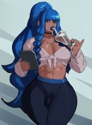 abs ambush_(trap) athletic athletic_femboy axred7 belly_piercing blue_eyes blue_hair blue_lipstick blue_nails braid braided_hair bulge bulge_in_pants chocolate choker drink drinking_glass femboy lipstick long_hair milkshake nail_polish necklace ponytail straw wide_hips