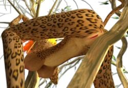 3d 3dgspot anthro breasts feline female humanoid jaguar jungle_heat large_breasts mammal meanne orange_hair solo spots spotted_skin tree