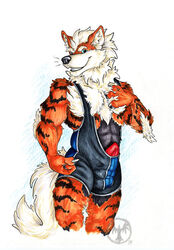 1boy anthro anthrofied arcanine bulge canine chest_tuft clothing erection flexing grin looking_at_viewer male male_only mammal neverwolf nintendo penis penis_outline pokemon pokemon_(species) poking_out signature solo standing tight_clothing tuft video_games wrestling_singlet