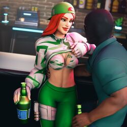 bar beer big_breasts bra chance_(fortnite) clothed drunk fortnite green_hoodie green_panties macklesternsfw masked_male red_hair showing_breasts showing_off smiling unseen_male_face white_hoodie