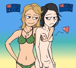 2girls australia australian_flag bikini black_hair blonde_hair countrylove female female_only heart heart_symbol looking_at_another meme national_personification new_zealand new_zealand_flag personification touching_breast unknown_artist yuri