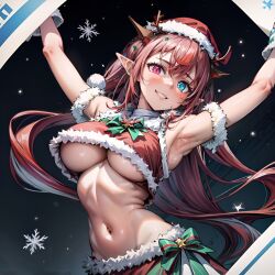 1girls ai_generated arbitrary armpit arms_up christmas christmas_outfit grinning heterochromia hi_res hololive hololive_english hololive_english_-promise- horns irys irys_(hololive) large_breasts pointy_ears purple_hair stable_diffusion underboob virtual_youtuber