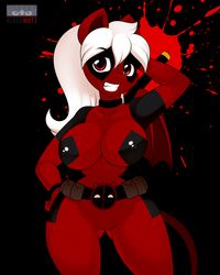 anthro big_breasts blood_splatter breasts cameltoe chilly_pepper cosplay costume crossover deadpool earth_pony equine erect_nipples fan_character female hair hi_res horse kloudmutt mammal marvel mask melee_weapon my_little_pony nipple_bulge nipples pony pose pussy raised_arm red_eyes smile solo sword voluptuous weapon white_hair