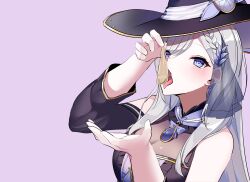 absurdres black_sleeves blue_eyes commission condom detached_sleeves female hat heart heart-shaped_pupils highres purple_ribbon ribbon shino_laila skeb_commission symbol-shaped_pupils tongue tongue_out used_condom virtual_youtuber wactor wactor_production white_hair witch_hat yanagui