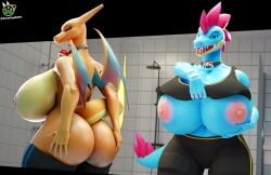 2023 2girls 3d anthro areola areolae ass big_ass big_breasts big_butt big_thighs blue_body blue_eyes blue_scales bottomwear breasts cameltoe charizard claws cleavage clothed clothing collar dat_ass digital_media_(artwork) dragon duo female female_only feraligatr fingernails furry furry_only generation_1_pokemon generation_2_pokemon genitals hi_res huge_ass huge_breasts large_ass large_breasts large_butt large_thighs looking_at_viewer mohawk nintendo nipples open_mouth pokémon_(species) pokeball pokemon pokemon_(species) round_ass scalie sharp_teeth shower size_difference smiling smiling_at_viewer tail teeth thick_thighs thighs tongue wings yuki_(evov1) yukigatr_(evov1) yukizard_(evov1) zenniladsfm