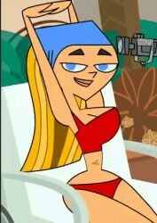 animated areolae armpits arms_up big_breasts bikini blonde_hair blue_eyes breasts busty female female_focus female_only flashing flashing_breasts hourglass_figure large_breasts lindsay_(tdi) long_hair nipples planz34 stretching tagme topless total_drama_island wardrobe_malfunction wide_hips