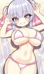 ai_generated bikini eyes female female_only frills large_breasts long_hair looking_at_viewer looking_up on_back oppai pink pink_trim purple_hair riko_(shuz) shortstack silver-purple_hair thebillai twintails very_long_hair voluptuous white_bikini