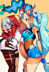 1futa 1girls ai_generated angry breasts_touching clothed eye_contact female futanari ganbagens hatsune_miku hatsune_miku_(fire-type_trainer) hatsune_miku_(water-type_trainer) height_difference project_voltage rivalry smug standing tan_lines