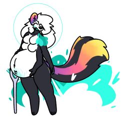 absurd_res alien anthro blue_blush blue_fart_cloud blush breasts colorful_fart dae_(daebelly) daebelly fart fart_cloud female halo hi_res lumina_(species) mammal mephitid multi_arm multi_breast multi_limb pheromone_fart pregnant skunk smile smiling_at_another solo standing unusual_fart