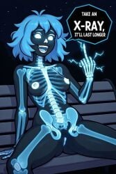 1girls ai_generated bench blue_hair bones breasts color completely_naked completely_naked_female completely_nude completely_nude_female electricity electricity_manipulation female flipping_off middle_finger naked naked_female night nipples nude nude_female oc original original_character outdoors pussy see-through_body self_upload skeleton smile softnsour speech_bubble spread_legs translucent_body white_eyes x-ray