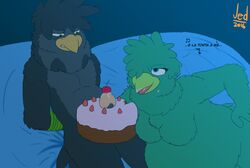 2016 anthro arty_stu avian bird birthday bite bondage bound breasts cake corvid crow cum duo erection female food food_play herseio male nude penis penis_piercing_cake precum singing slightly_chubby tongue