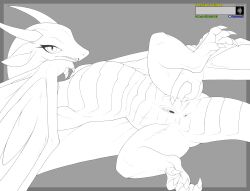2026 absurd_res anus black_and_white claws detailed dragon eyelashes female feral fingers genitals hi_res horn kayasamix line_art lizard logo lying monochrome mythological_creature mythological_scalie mythology on_back open_mouth presenting presenting_anus reptile scalie seductive smile solo spread_legs spread_vulva spreading tail text tongue toony traditional_media_(artwork) vulva wings