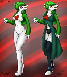 1girls 2016 abstract_background armband breasts celeste_(jeffthehusky) dress female female_gardevoir female_only gardevoir green_hair hair hair_over_eye jeffthehusky long_hair nintendo nipples nude open_mouth pokemon pokemon_(species) pokemon_rse pussy red_eyes signature solo standing thighhighs white_skin