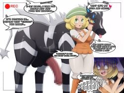 absurd_res animal_genitalia animal_penis balls bianca_(pokemon) big_balls big_penis black_body black_skin blonde_hair blue_eyes blush breasts camera_view clothed clothing duo equid equine equine_genitalia equine_penis erection female feral fur generation_5_pokemon genitals green_eyes hair hat headgear headwear hi_res horse huge_cock interspecies japy7u7 male male/female mammal multicolored_body multicolored_skin nintendo open_mouth penile penis pokemon pokemon_(species) pokephilia simple_background size_difference tail tongue white_body white_fur white_hair white_skin zebstrika zoophilia