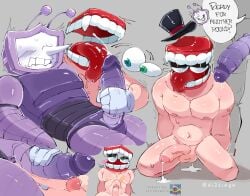 big_penis caine_(the_amazing_digital_circus) crossover cum cum_in_ass deltarune di3ziege floating_eyes frottage gay handjob humanoid_penis implied_sex male/male muscular penis robot_humanoid tenna_(deltarune) the_amazing_digital_circus