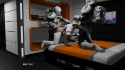 1girls 2boys 3d armour clone clone_commando doggy_style helmet matt_cat oral spitroast star_wars stormtrooper