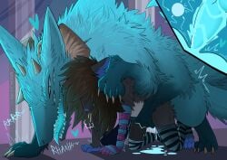 anthro anthro_on_feral blue_body blue_eyes blue_skin bodily_fluids brown_hair canid canine circe_(pankallisti) cum cum_in_vagina cum_inside cum_on_ground duo duodeko_(pankallisti) female female_on_feral feral feral_penetrating fur genital_fluids grey_body grey_fur hair hi_res impregnation larger_feral larger_male male male/female mammal mating_grip monster multi_eye multi_limb multi_tail murid murine pankallisti penetration prosthetic prosthetic_arm prosthetic_limb rat rodent size_difference smaller_anthro tail zoophilia