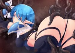 1girl anus armor arms_up ass ass_focus belt bent_over bikini_armor black_thighhighs blue_elf_warrioress_(kirishima_satoshi) blue_eyes blue_hair breasts brown_belt capelet clenched_teeth commentary_request detached_sleeves elf gloves greaves headband kirishima_satoshi long_pointy_ears original panties panty_pull pauldrons pointy_ears restrained short_hair shoulder_armor solo teeth tentacles tentacles_in_thighhighs tentacles_under_clothes thighhighs torn_capelet torn_clothes torn_thighhighs underwear warrior white_capelet white_gloves
