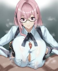 1boy absurdres black_gloves black_ribbon breast_pocket breast_press breasts button_gap byoushitsu_403 clothed_female_nude_male commentary_request covered_nipples erection female glasses gloves hair_between_eyes highres huge_breasts long_hair looking_down nude paizuri paizuri_under_clothes penis pink_eyes pink_hair pocket precum ribbon shirt sidelocks steaming_body straight tsukishiro_yanagi white_shirt zenless_zone_zero
