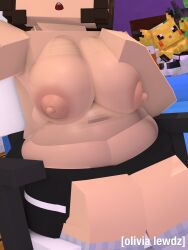 braces breasts brown_hair dolphin_shorts fat fat_ass fat_nipples maddie_(olivialewdz) minecraft office_chair olivialewdz pikachu pov shorts socks topless tummy