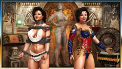 1girls 3d bare_shoulders becarra big_breasts black_hair boots busty chains choker cleavage cosplay curia curvy dc dc_comics detailed_background english_text eyelashes female female_only front_view gray_eyes hourglass_figure human leotard looking_at_viewer midriff nail_polish pose posing restrain rope shadow shiny shiny_skin short_hair shoulder_pads smiling solo standing superheroine text thick_thighs thong thumb_ring tiara voluptuous wide_hips wonder_woman_(cosplay) wonder_woman_(series)